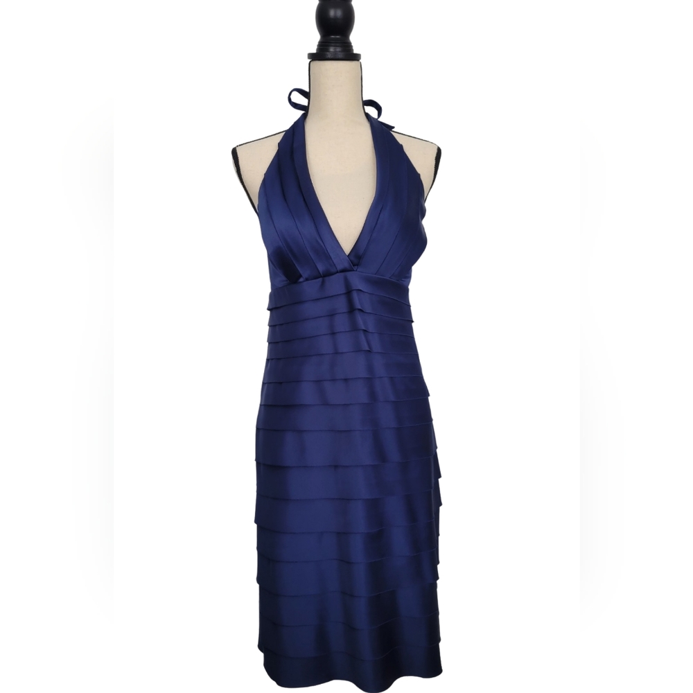 NWT: Satin Tiered/Halter Blue Cocktail Dress - Size 12